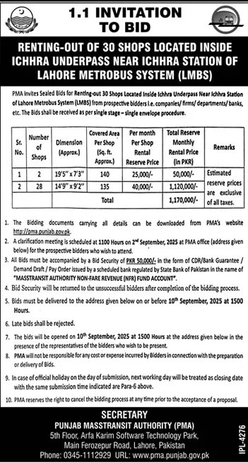 Punjab Masstransit Authority Lahore Tender Notice